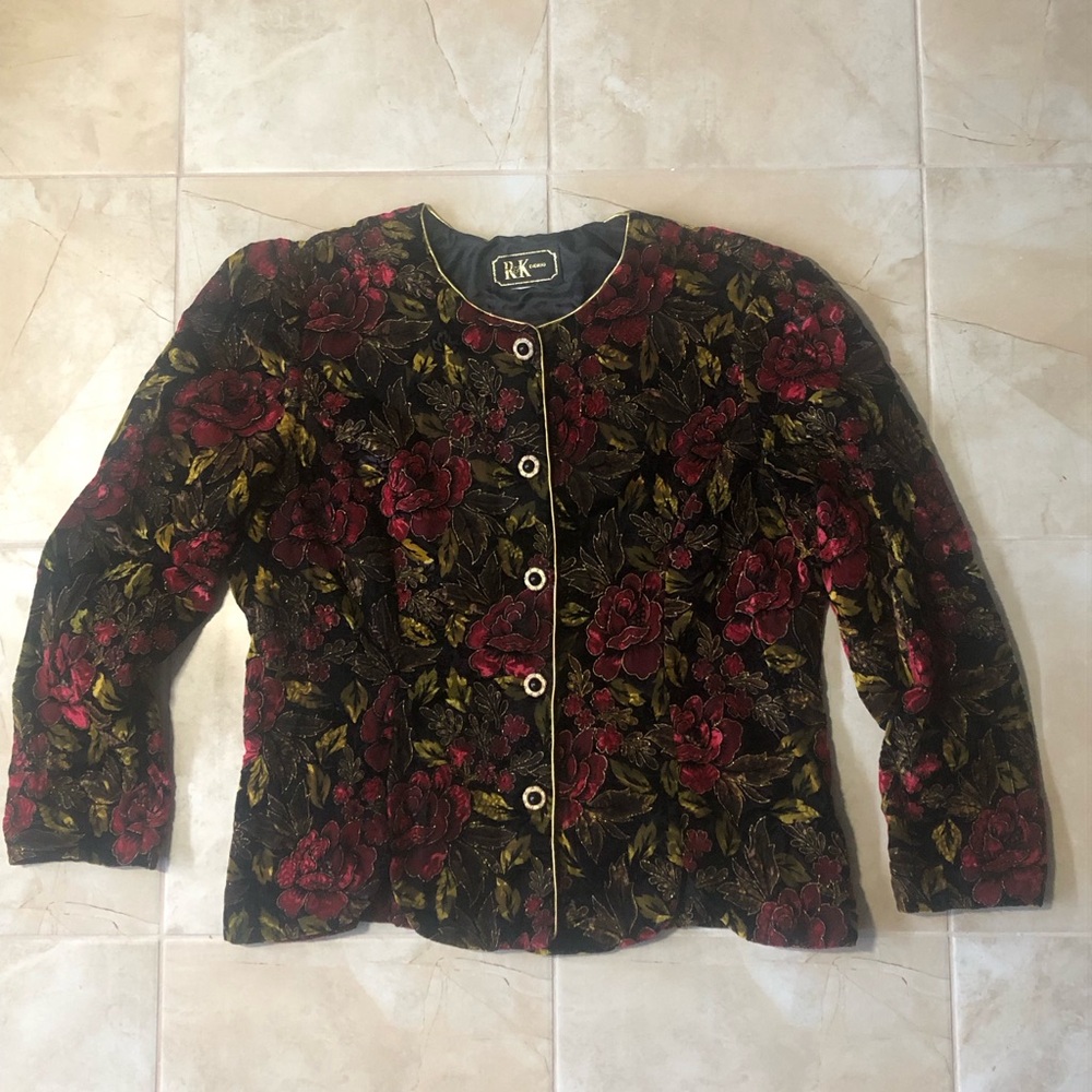 R&K Vintage Red Rose/Yellow Gold/Black Crushed Velvet Evening Blazer (US L)